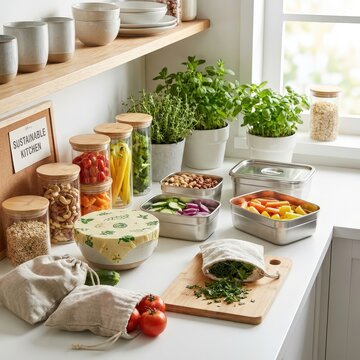Reusable food containers with prepared meals and glass jars arranged on a kitchen counter, sustainable meal prep, zero waste food storage, plastic free lifestyle.