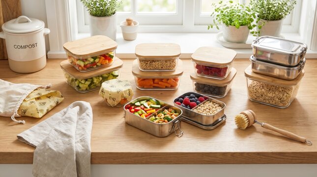 Reusable food containers with prepared meals and glass jars arranged on a kitchen counter, sustainable meal prep, zero waste food storage, plastic free lifestyle.