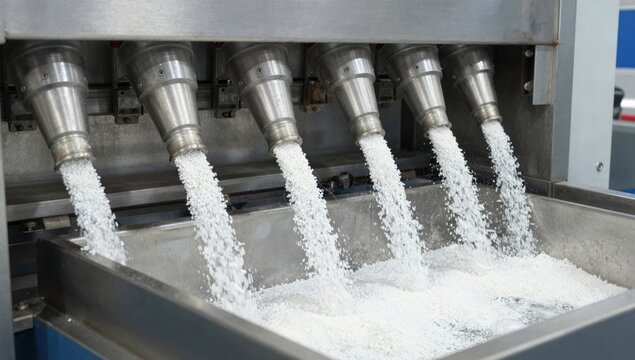 White plastic polymer pellets pouring from an industrial machine into a large storage container in a manufacturing facility.