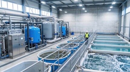 Naklejka premium Advanced water treatment equipment operates inside a modern industrial facility, clean water technology, sustainable infrastructure, water purification, environmental engineering.