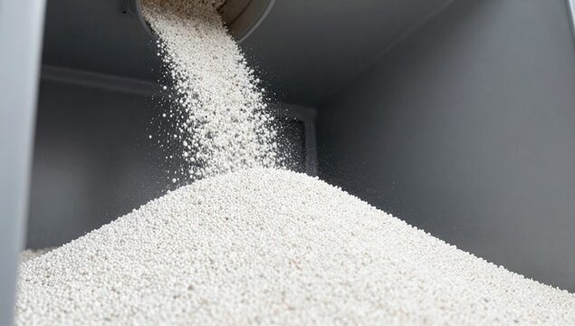 White plastic polymer pellets pouring from an industrial machine into a large storage container in a manufacturing facility.