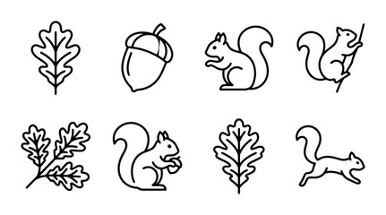 Obraz premium Squirrel and Oak Leaf Icons, Vector Set: Cute Forest Animals, Autumn Nature Elements, Simple Outline Graphics