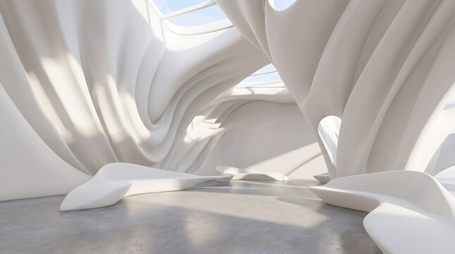 Abstract parametric architecture interior with smooth flowing white curved walls and soft sunlight