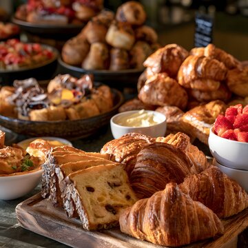 Delicious breakfast buffet offering pastries, croissants, and fresh fruit