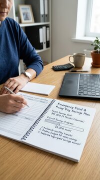 Savings goals and financial planning notes organized in a notebook on a home office desk, personal budgeting, money goals, financial strategy, savings plan.