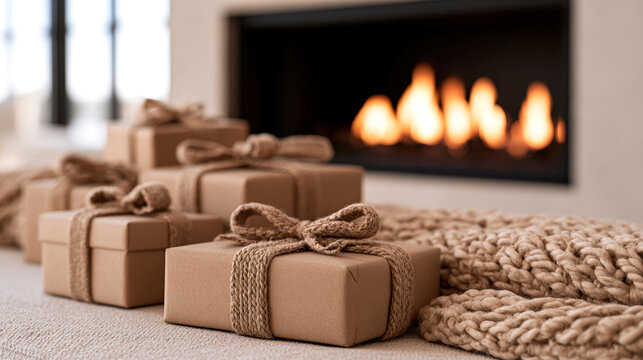 Wrapped Christmas gifts arranged beside cozy fireplace in warm festive home interior