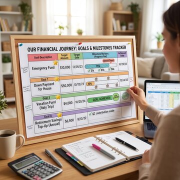 Financial goals and milestone tracker displayed on a planning board, savings targets, retirement planning, emergency fund, personal finance strategy, goal tracking.