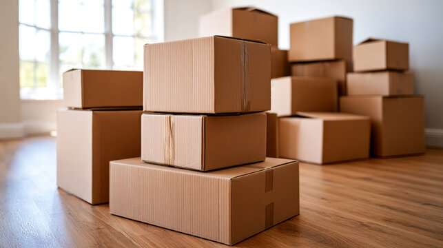 Packed cardboard moving boxes stacked inside bright empty room before home relocation