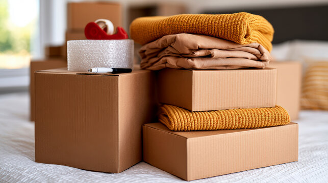 Folded clothes and packing supplies organized on cardboard boxes during home relocation