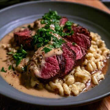 Slicing beef tenderloin with sp&auml;tzle and cream sauce