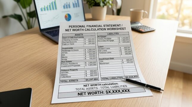 Personal net worth statement with assets and liabilities arranged on a desk, wealth tracking, financial planning, personal finance, asset management, financial health.