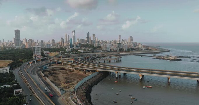 Aerial view of Mumbai Skyline, high-rise buildings in Mumbai, Maharashtra, India. Cinematic shot of an Indian cityscape. Most posh areas of Worli-Lower Parel in Mumbai.