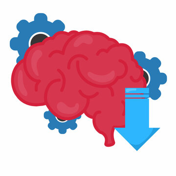 Human brain with blue down arrow and gears vector illustration, concept of decreasing brain performance or mental decline.