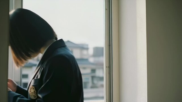 窓辺の光の中で佇みスマートフォンを操作するブレザー姿の女子生徒
