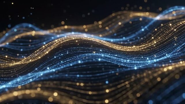 Floating gold and blue glowing particles flowing across dark abstract wavy digital background surfaces with particles moving rhythmic continuous flow luminous