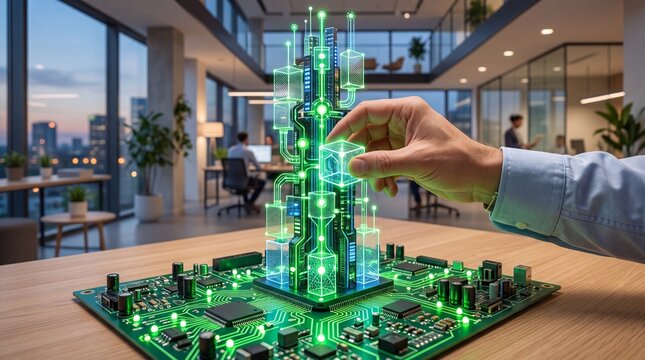 A futuristic concept showcasing a hand interacting with a digital city model on a circuit board.