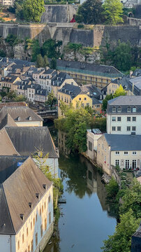 Luxembourg City Old Town Grund River Cliff Fortress Walls View Vertical Photo
