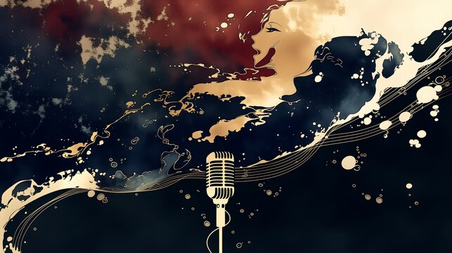 Vintage microphone with red and gold ink splash on dark navy background, ideal for music poster, concert flyer, podcast cover, and karaoke social media banner,Homer epic style