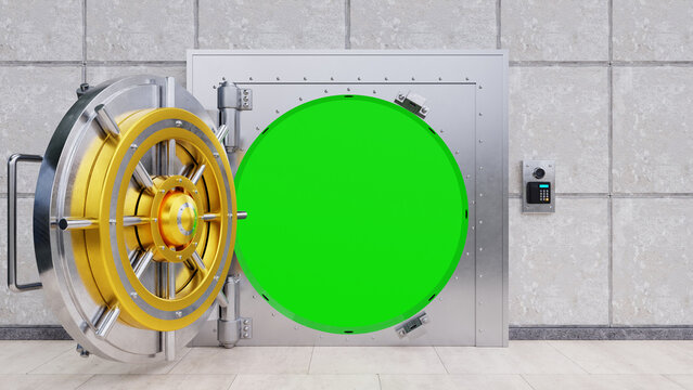 Secure Bank Vault Door with Combination Lock and Digital Security Code Option. Open Bank Vault Door with Green Screen. Solid Metal Vault Door. 3D Rendered Illustration