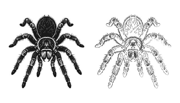 Set of two tarantula spider vector illustrations in black silhouette and outline sketch style, showing detailed arachnid anatomy with legs and fangs, perfect for Halloween, nature, and wildlife design