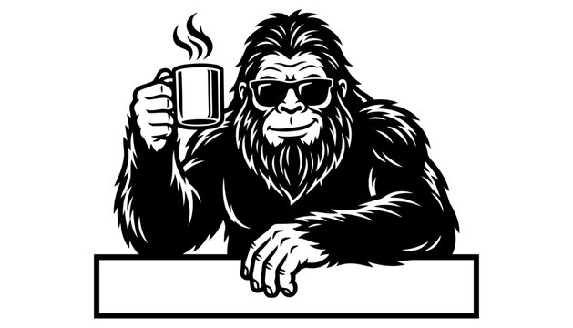 Cool gorilla mascot vector illustration wearing sunglasses and holding a steaming coffee mug while leaning on a blank sign, perfect for logo design, t-shirt graphics, and coffee branding.