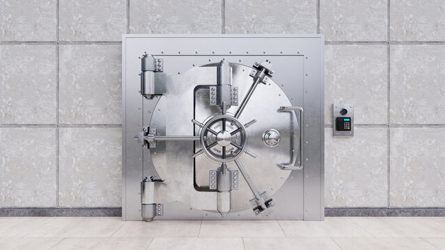 Secure Bank Vault Door with Combination Lock and Digital Security Code Option. Closed Bank Vault Door. Solid Metal Vault Door. 3D Render