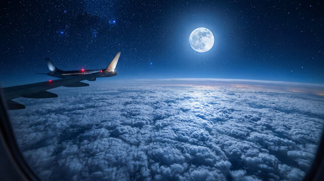 Vista nocturna desde la ventanilla de un avi&oacute;n mostrando la luna llena, la V&iacute;a L&aacute;ctea y un mar de nubes iluminado sobre el horizonte.