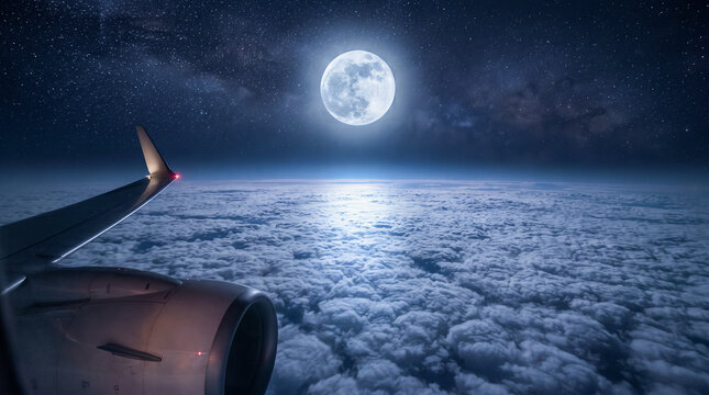 Vista nocturna desde la ventanilla de un avi&oacute;n mostrando la luna llena, la V&iacute;a L&aacute;ctea y un mar de nubes iluminado sobre el horizonte.