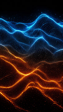 Digital landscape composed of glowing blue and orange particle waves on a black background, abstract data visualization representing network connectivity
