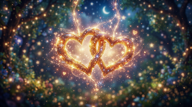 Dos corazones entrelazados brillantes de luz dorada y destellos c&oacute;smicos sobre un fondo espacial con estrellas y galaxias.
