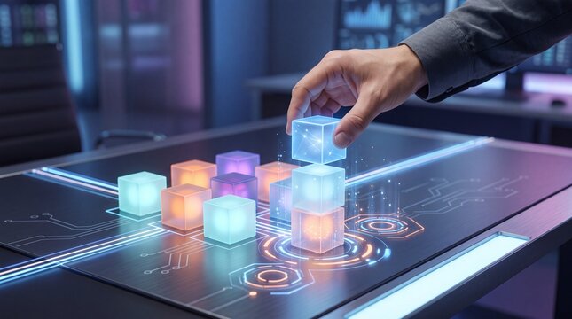 A hand stacking colorful digital cubes on a glowing interface, symbolizing innovation and advanced technology.