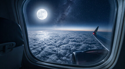 Naklejka premium Vista nocturna desde la ventanilla de un avión mostrando la luna llena, la Vía Láctea y un mar de nubes iluminado sobre el horizonte.