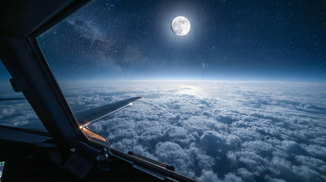 Vista nocturna desde la ventanilla de un avi&oacute;n mostrando la luna llena, la V&iacute;a L&aacute;ctea y un mar de nubes iluminado sobre el horizonte.