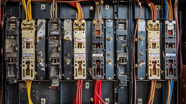 Organized electrical panel showcasing circuit breakers and colorful wires for home power safety