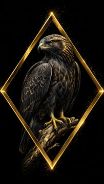 Majestic black eagle bird of prey perched on a natural branch framed by a glowing golden diamond geometric shape against a dark black background with sparkling gold dust
