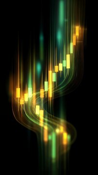 Abstract wavy glowing financial candlestick chart with motion blur effect for dynamic stock market trading and volatility concept