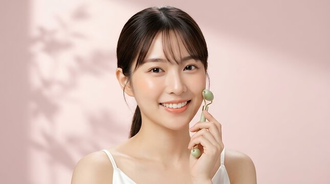 Bright smiling woman with clear skin holding a jade facial roller on soft pastel pink background emphasizing skincare and