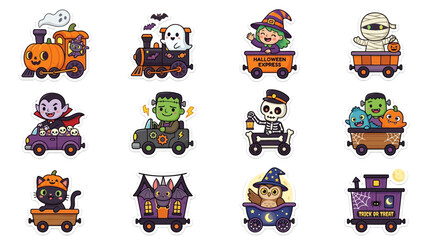 Fototapeta premium Cute Halloween Characters Riding Trains Sticker Set
