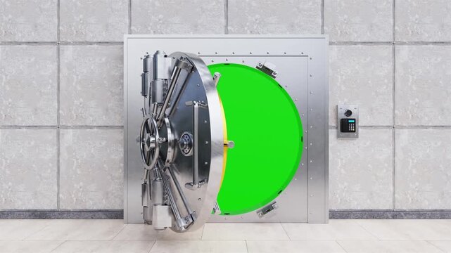 Secure Bank Vault Door Opening with Combination Lock and Reveal Green Screen. Camera Zooming into the Vault. Bank Vault Door Opening. Solid Metal Vault Door. 4K 3D Video Animation