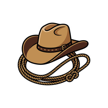 Cowboy hat resting on horizontal coiled lariat.