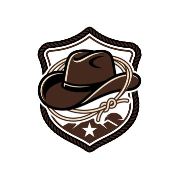 Cowboy hat on mountain shield badge emblem.
