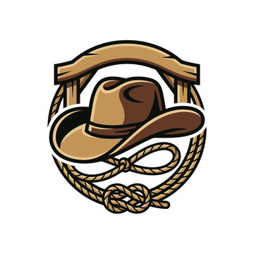 Cowboy hat inside wooden frame and knotted lasso rope.