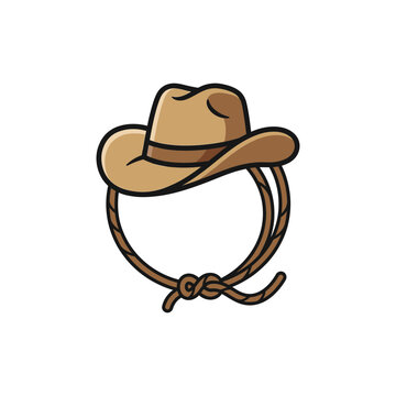 Cowboy hat resting on rope loop emblem.