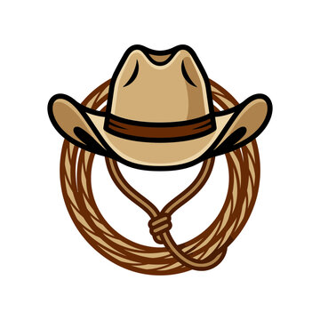 Cowboy hat with coiled lasso rope circular design.