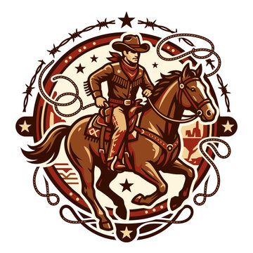 Cowboy on galloping horse with lasso western emblem.
