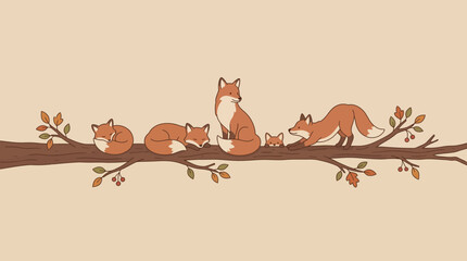 Cute family of foxes resting and playing together on a tree branch in autumn.