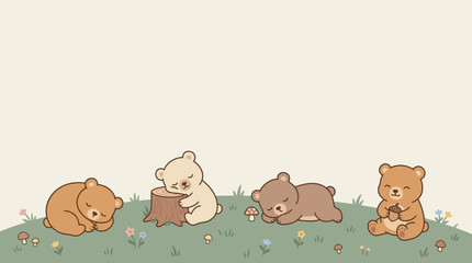 Cute cartoon bears sleeping and playing on a grassy meadow with flowers.