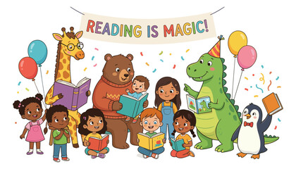Fototapeta premium Cute Cartoon Kids Reading Book Set with Bear Dinosaur Giraffe and Penguin Library Illustration for Children