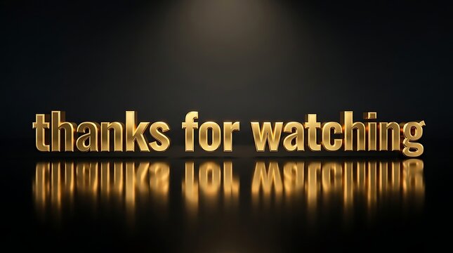 Golden 3d text thanks for watching with reflection on black background for end screen or outro video presentation celebration occasion.