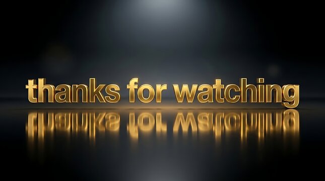 Golden 3d text thanks for watching with reflection on black background for end screen or outro video presentation celebration occasion.